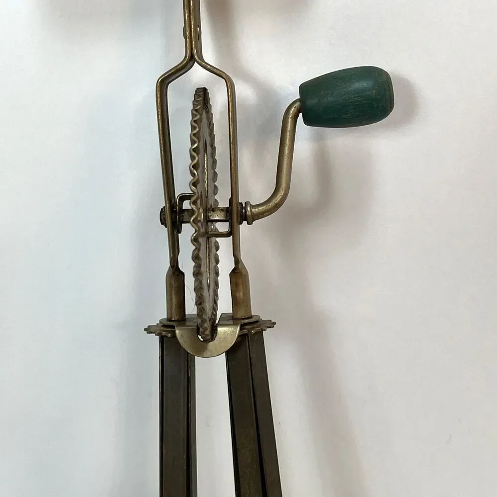 Antique A&J USA High Speed Hand Mixer Egg Beater Vintage Green Wood Handle